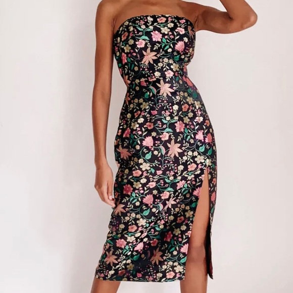 Black Satin Floral Jacquard Strapless Midi Dress - Picture 2 of 4